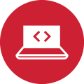 Red circular icon featuring a white laptop displaying angle brackets on its screen, representing OT Controls.