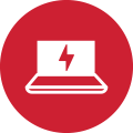 Red circular icon featuring a white laptop displaying a lightning bolt on its screen, representing Power Monitoring.